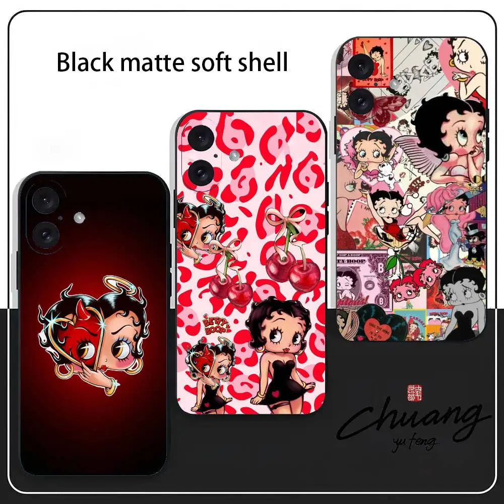 B-Bettys B-Boops Phone Case Stylish Black Matte TPU Case For 11-16. Anti-slip And Wear-resistant