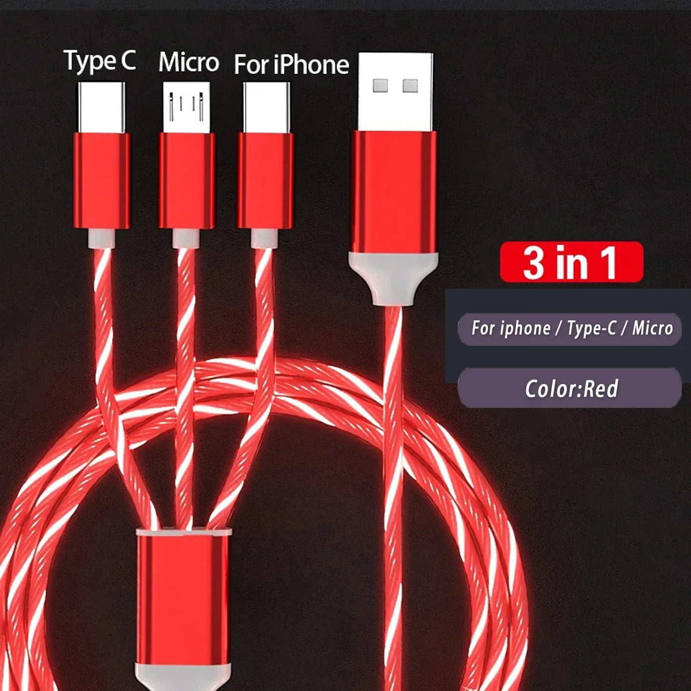 3 IN 1 Glowing LED Light Phone Charger Luminous USB Type C Cable For Xiaomi For iphone For Samsung Phone Accessories Charge Cord