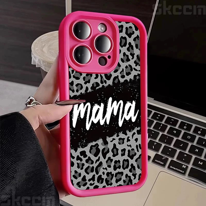 Leopard Print Mom Letter Patter Phone Case For iPhone 16 15 Pro Max 14 Plus 13 12 11 X XS XR 7 8 Plus Matte Silicone Soft Cover
