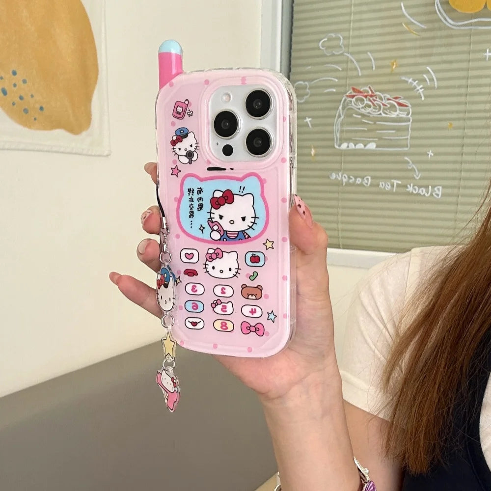 Cute Cartoon Pink Hello Kitty Mobile Phone Cases For iphone 16 15 14 13 Pro Max Shockproof Hard Bumper Back Cover With Lanyard