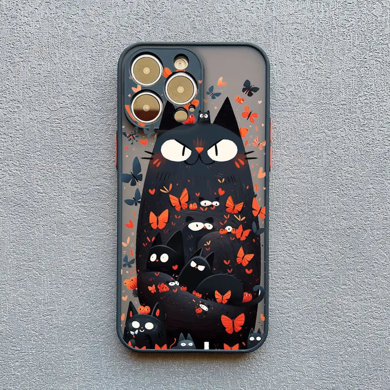 Cute Cartoon Cat Phone Case For iPhone 13 Cases 17 16 14 15 11 12 13 Pro Max Mini XS X XR 15 Plus Black Color Shockproof Covers