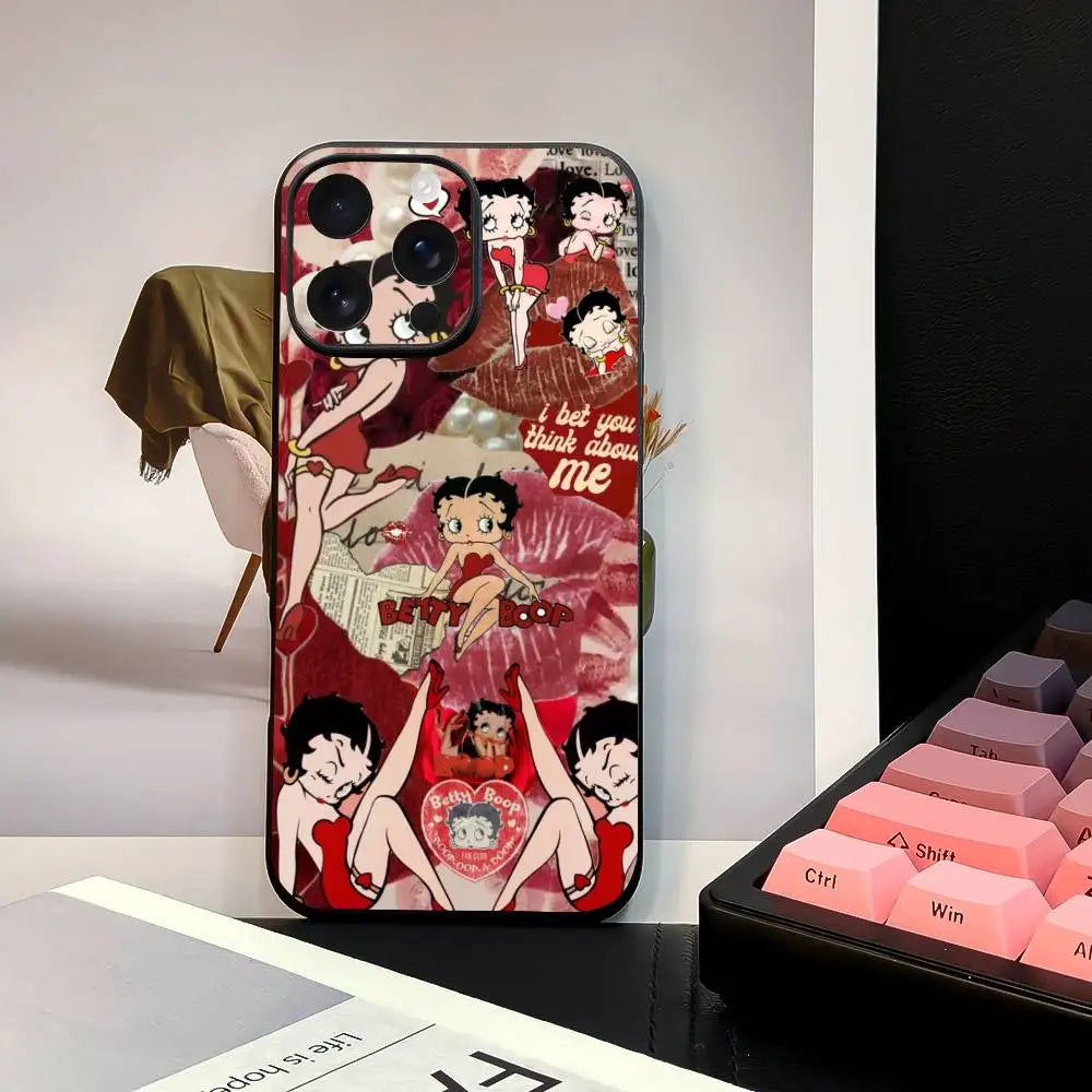 B-Bettys B-Boops Phone Case Stylish Black Matte TPU Case For 11-16. Anti-slip And Wear-resistant