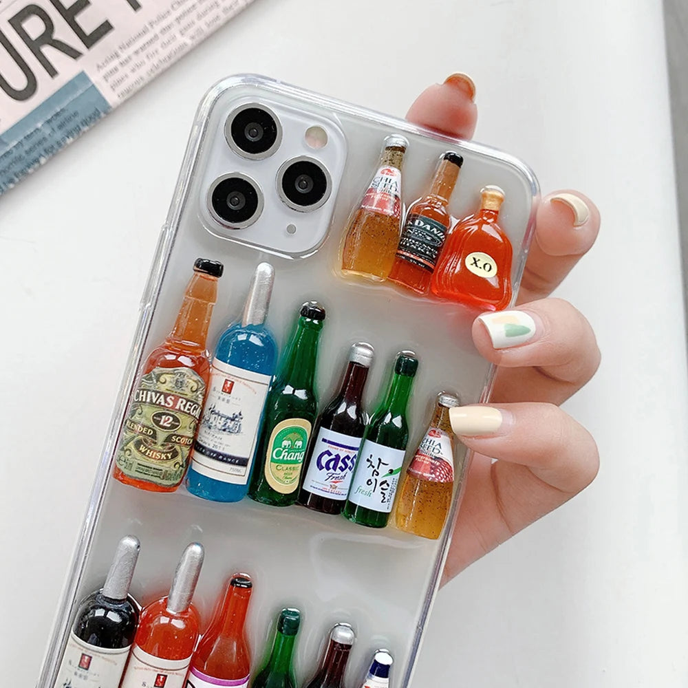 Super 3D Wine Bottles Clear Resin Phone Case For iPhone 17 16 14 15 13 12 Pro Max Cover Shockproof Capa Non slip Skin Funda