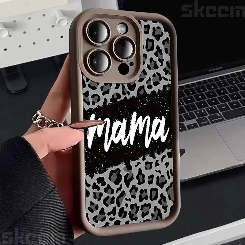 Leopard Print Mom Letter Patter Phone Case For iPhone 16 15 Pro Max 14 Plus 13 12 11 X XS XR 7 8 Plus Matte Silicone Soft Cover