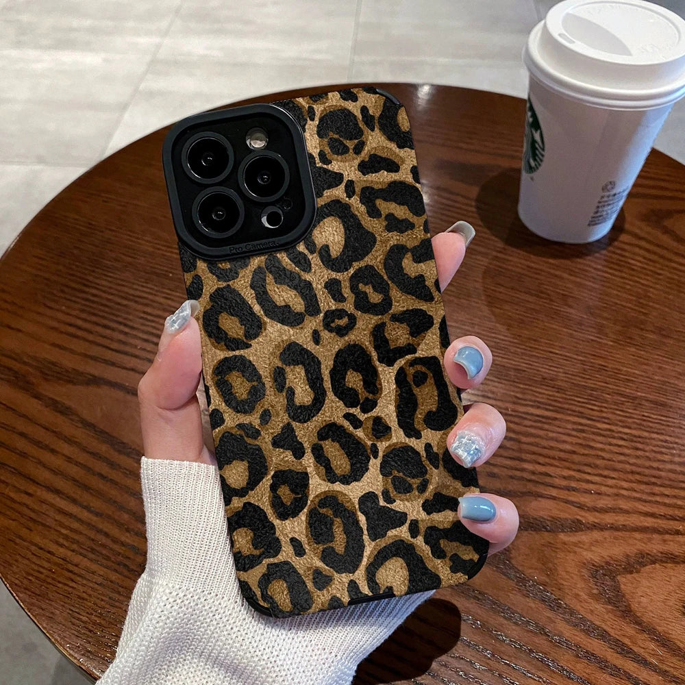 Fashion Gold Leopard Silicone Leather Case For iPhone 15 14 Pro Max 11 13 12 Mini 16 Plus 17 Air Soft Shockproof Cover