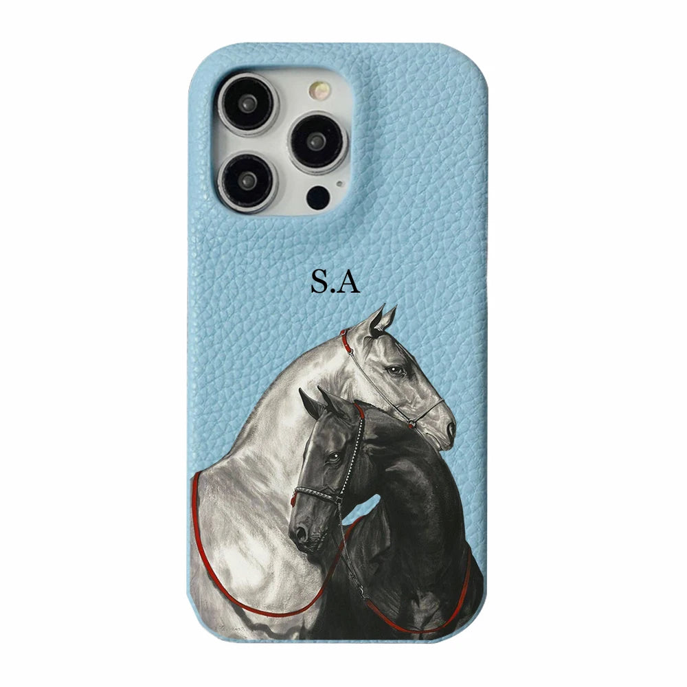 Customized Name leather phone case for iphone 16 15 14 plus 13 12 11 pro max 16e cover Luxury funda black white horse cases