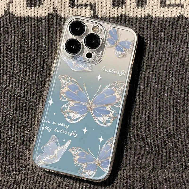 INS Blue Ice Crystal Butterfly Phone Case For iPhone 16 15 14 13 12 11 Pro Max XR XS MAX 7 8 PLUS MINI Soft TPU Shockproof Cover