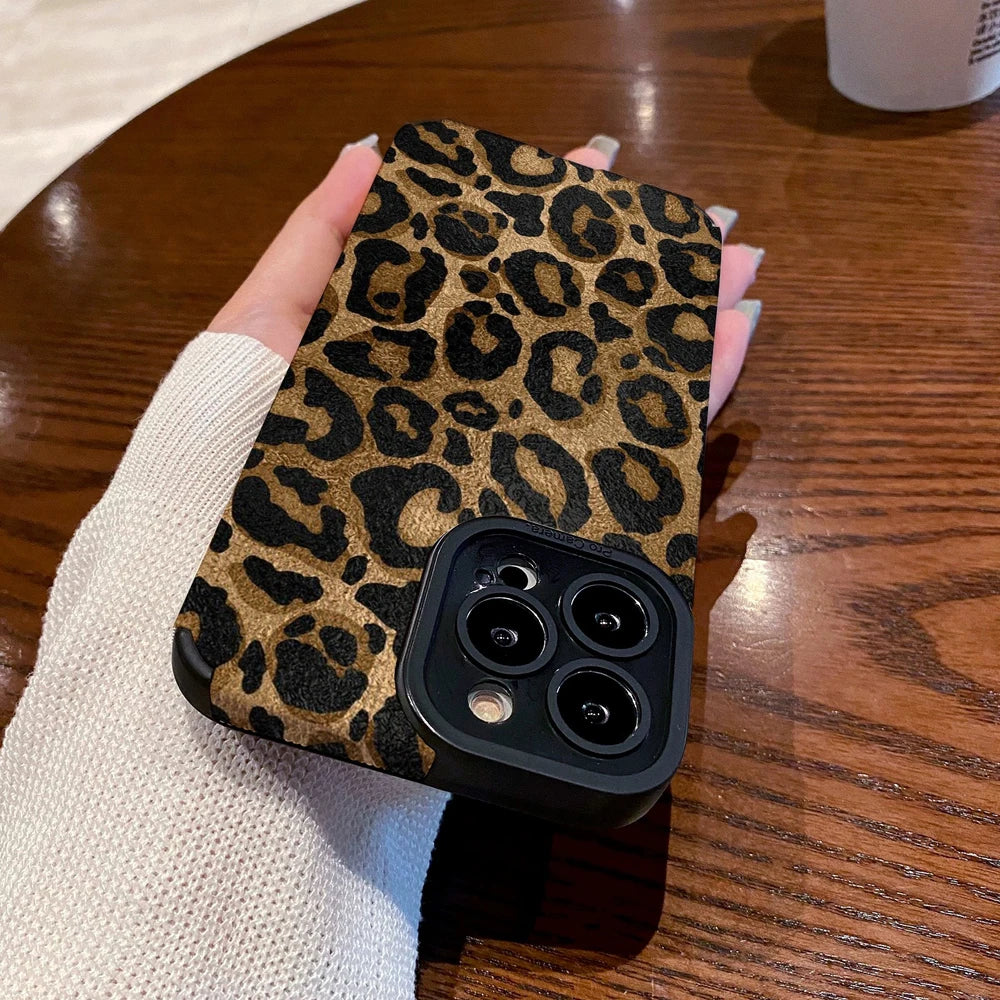 Fashion Gold Leopard Silicone Leather Case For iPhone 15 14 Pro Max 11 13 12 Mini 16 Plus 17 Air Soft Shockproof Cover
