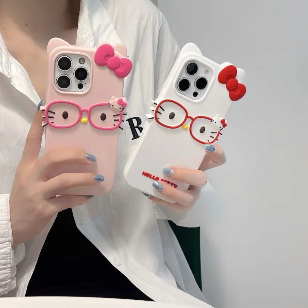 3D Stereoscopic Phone Case For iPhone 17 16 15 14 13 12 11 Pro Max Cute Cartoon Sanrio Hello Kitty Bow Cases Soft Silicone Cover