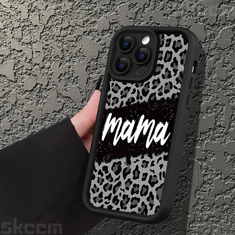 Leopard Print Mom Letter Patter Phone Case For iPhone 16 15 Pro Max 14 Plus 13 12 11 X XS XR 7 8 Plus Matte Silicone Soft Cover