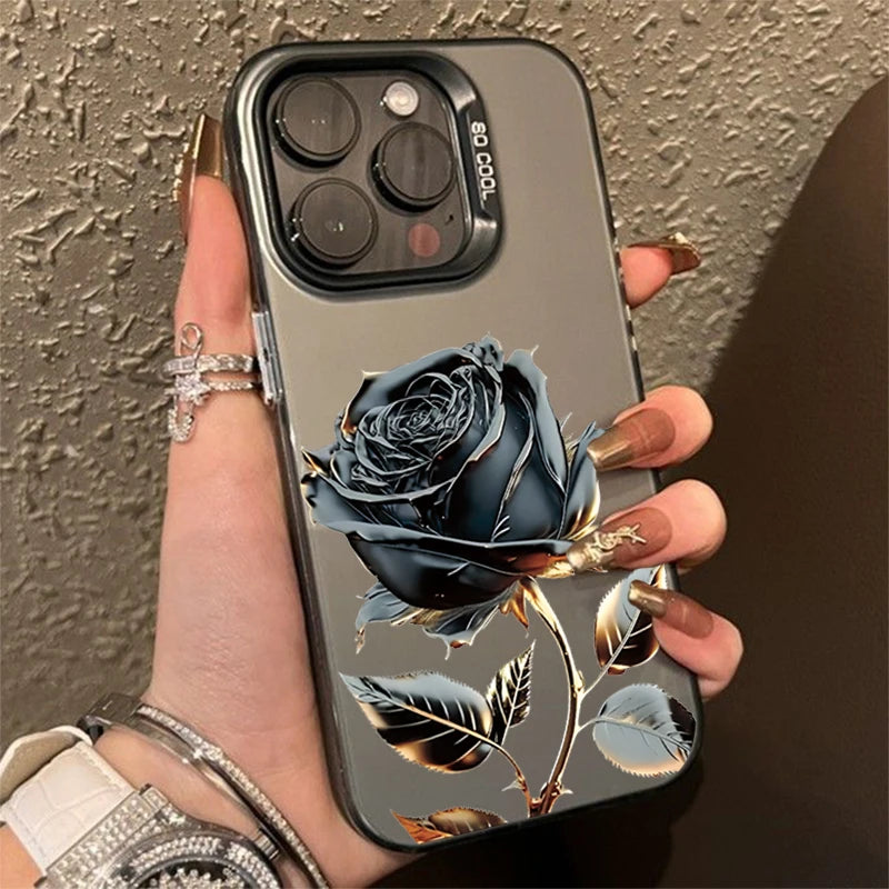 Black Gold Rose Phone Cases for iPhone 16 15 Pro Max Cases For iPhone 16E 11 12 13 14 Pro X XS XR 7 8 Plus SE2 Silver IMD Covers