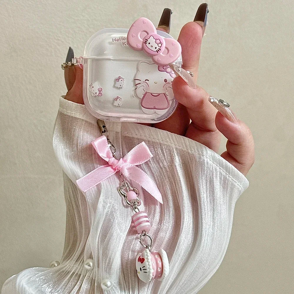 Earphone Case For Airpods 1 2 3 4 Pro 2 3D Cute Sanrio Hello Kitty Wireless Bluetooth Headset Protective Soft Cover With Pendant