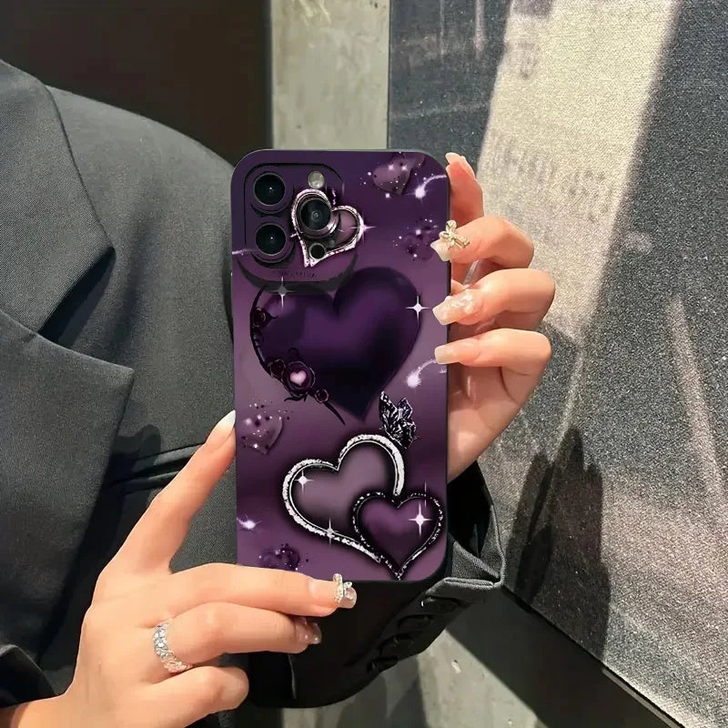 Purple Heart-Shaped Design TPU Phone Case For iPhone 17 16 Pro Cases iPhone 16E 11 12 13 14 15 Pro Max XS X XR 7 8 16 Plus Cover