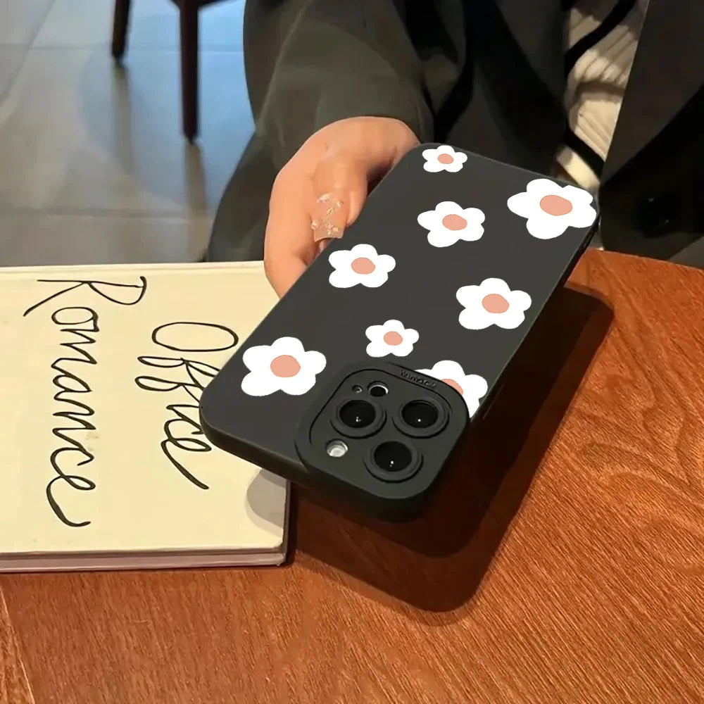 Phone Case For iPhone 16 Cases iPhone 17 15 11 12 13 14 Pro Max XR 16E 15 Plus Black Stylish Flower Patterned Design Phone Cover