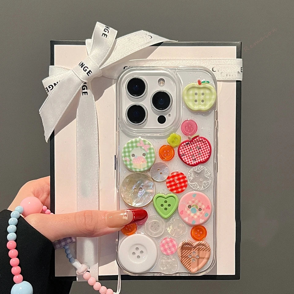 Cute Transparent Button Phone Case For iPhone 15 14 13 12 11 16 Pro Max 14 15 16 Plus Silicone Clear Shockproof Protector Cover