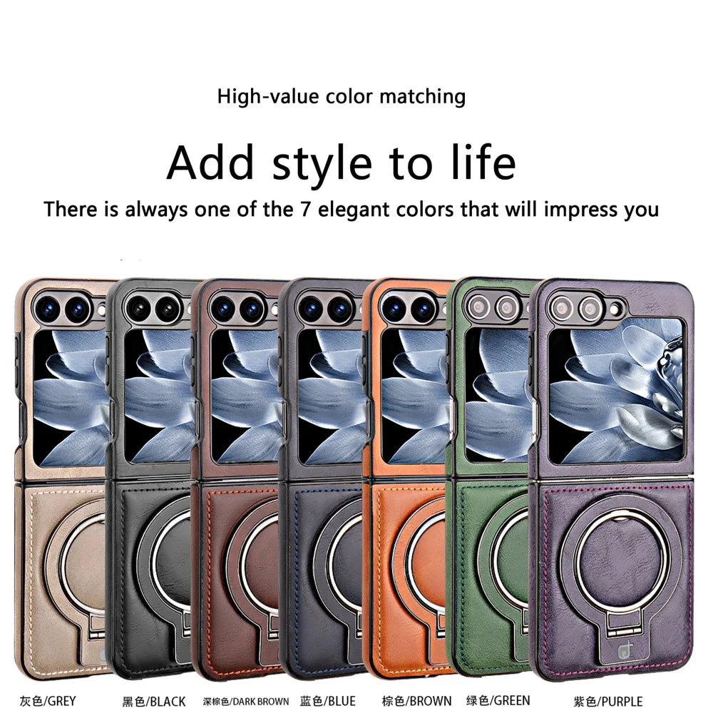 Samsung Galaxy Z Flip 6 5 4 3 Magnetic Flip Phone Case High-end Leather ZFlip 6 Ring Bracket Shockproof Wireless Charge Funda