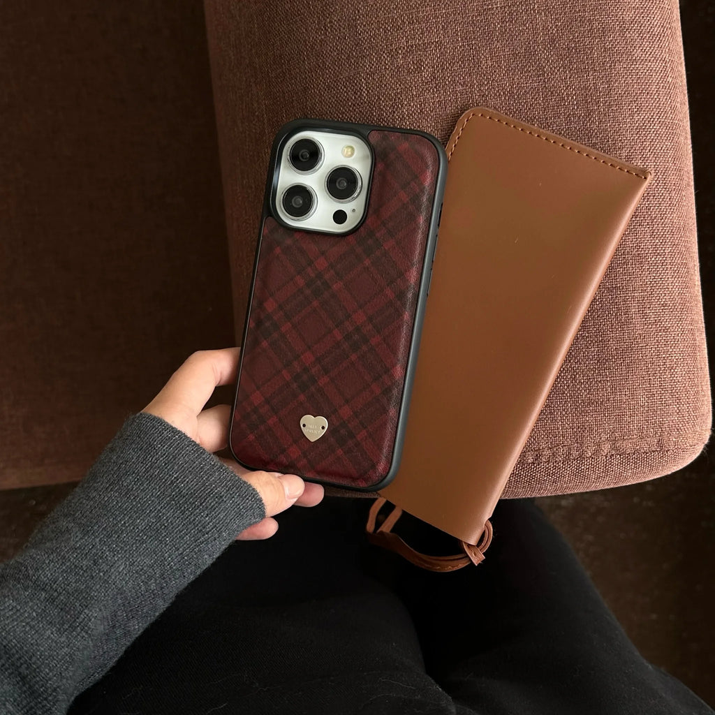 Crimson-plaid Leather Phone Case for iPhone 16, 16Pro, 16Promax, 15, 15Pro, 15Promax, 14, 14Pro, 14Promax, 13