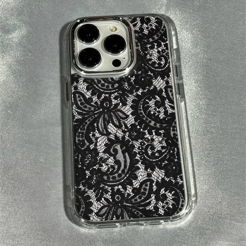 1Pc Stylish Black Lace Pattern Transparent Electroplated Frame Phone Case, Suitable for iPhone 17/16 Pro Max/15/14 Plus/13/12/11, Shock-Absorbing, Anti-Slip, Lightweight, Fashionable and Trendy Design, Unisex.