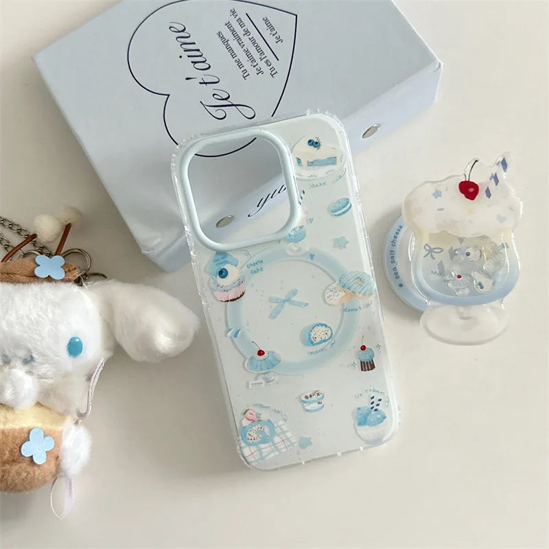 Korean Cute Cream Cake Magnetic Phone Case For iPhone 17 16 Pro 14 15 Pro Max Cover with Stand Holder Girp Shockproof Cute Cases