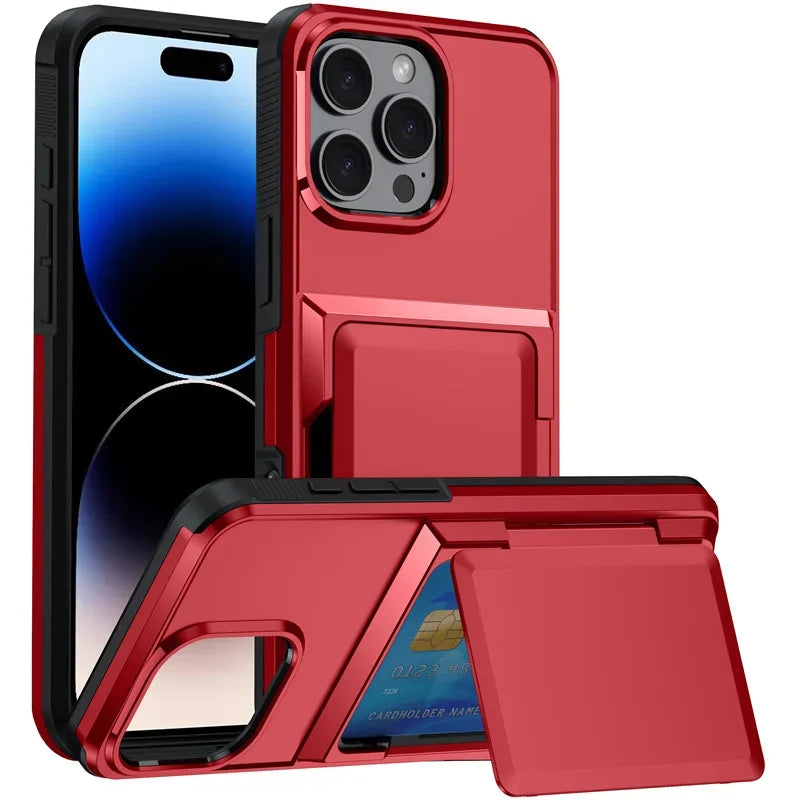 Shockproof Phone Cases with Card Slot for iPhone 16 15 14 Pro Max 13 12 11 Pro Bracket Protective Cover for iPhone 16 Flip Shell
