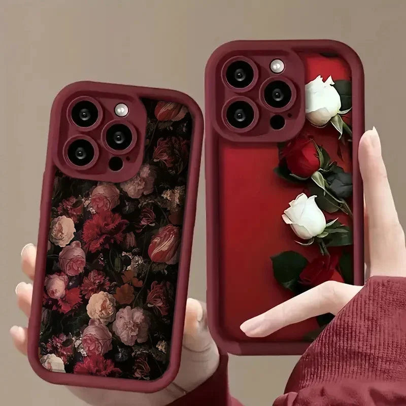 Wine Red Rose and White Rose Phone Cases For iPhone 16 15 Pro Max Cases iPhone 11 12 13 14 Pro XR X XS 7 8 Plus Anti-fall Covers