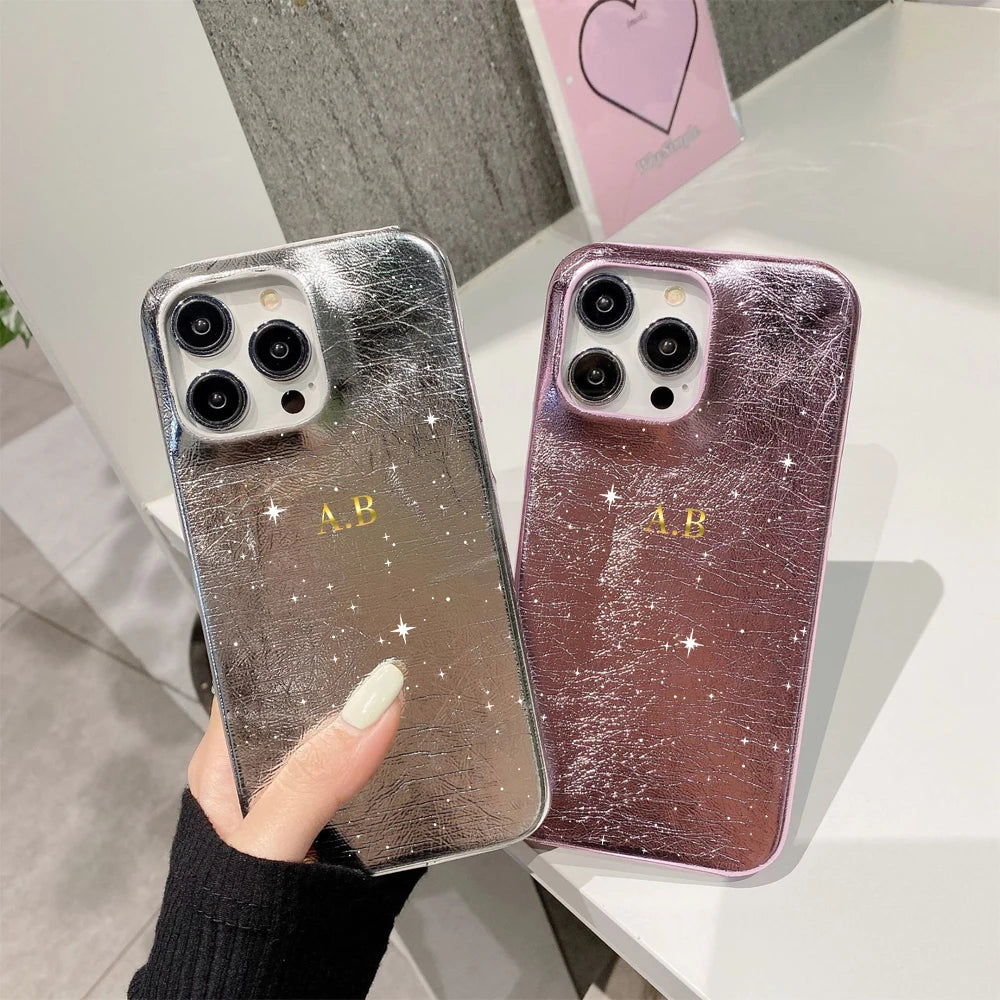 Silver Leather phone case for iphone 16 15 14 plus 13 12 11 pro max cover Luxury Customized Letter  funda diy name cases carcasa