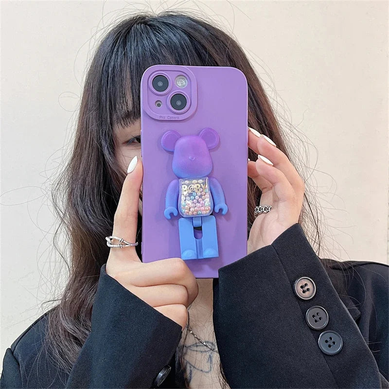 Stylish 3D Gradient Bear Phone Folding Bracket Holder Ring For iPhone 15 Samsung Phone Accessories Quicksand Lazy Bracket