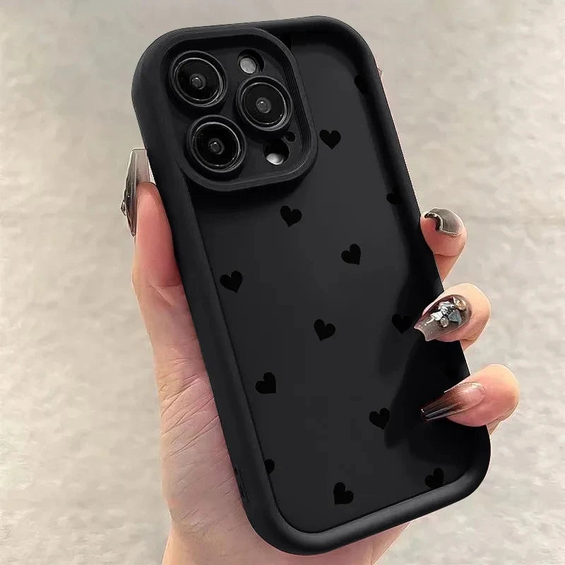 Black Love Heart Soft Matte Phone Case For iPhone 11 12 13 14 Pro 16E XS X XR 7 8 Plus SE2 Cover For iPhone 15 16 Pro Max Cases