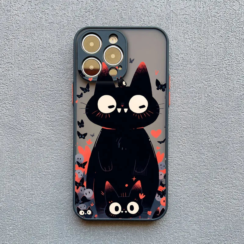 Cute Cartoon Cat Phone Case For iPhone 13 Cases 17 16 14 15 11 12 13 Pro Max Mini XS X XR 15 Plus Black Color Shockproof Covers