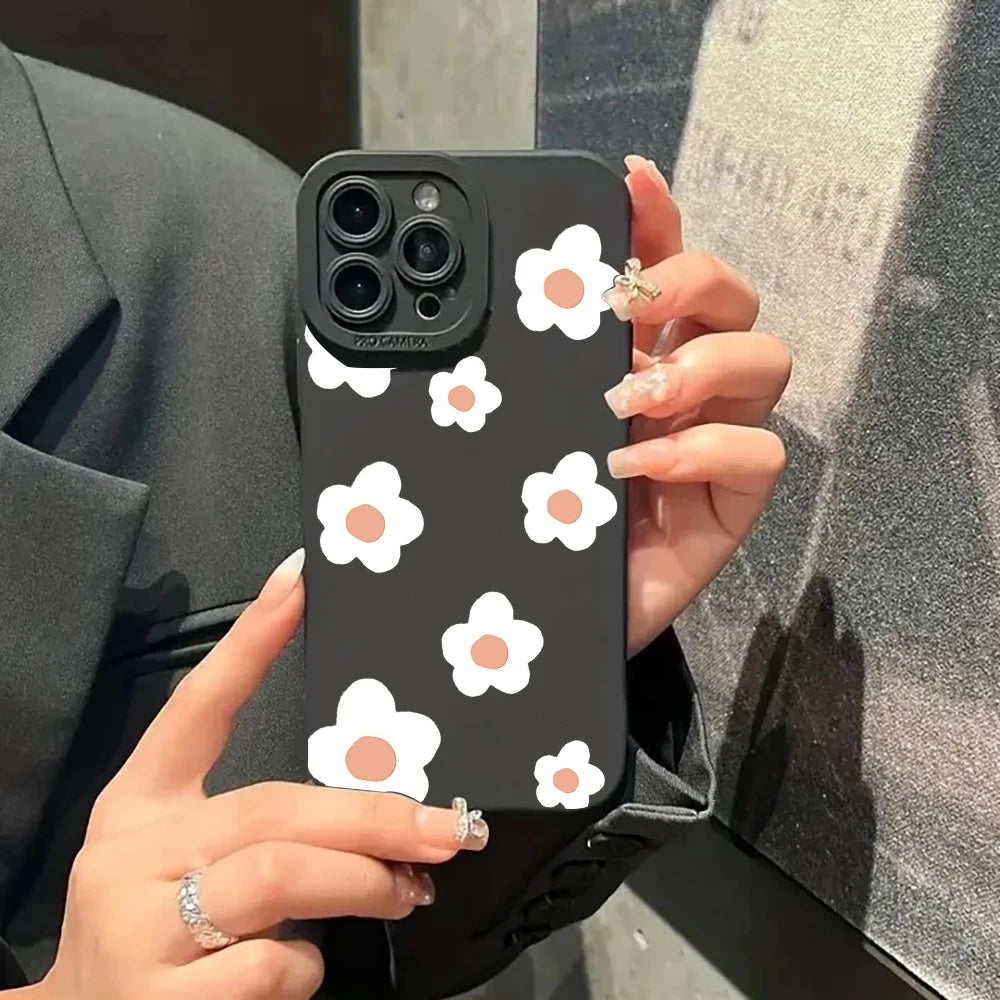 Phone Case For iPhone 16 Cases iPhone 17 15 11 12 13 14 Pro Max XR 16E 15 Plus Black Stylish Flower Patterned Design Phone Cover