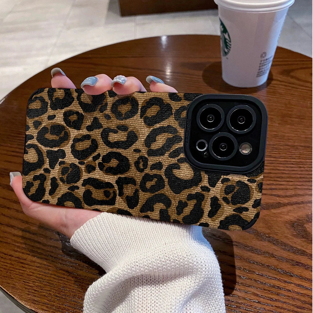 Fashion Gold Leopard Silicone Leather Case For iPhone 15 14 Pro Max 11 13 12 Mini 16 Plus 17 Air Soft Shockproof Cover