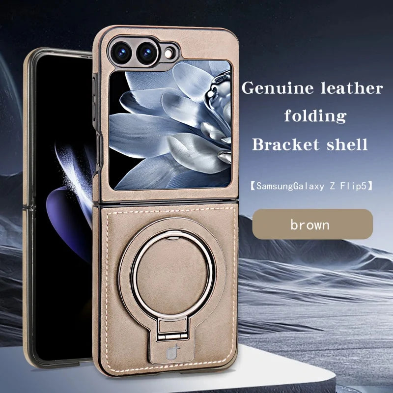 Samsung Galaxy Z Flip 6 5 4 3 Magnetic Flip Phone Case High-end Leather ZFlip 6 Ring Bracket Shockproof Wireless Charge Funda