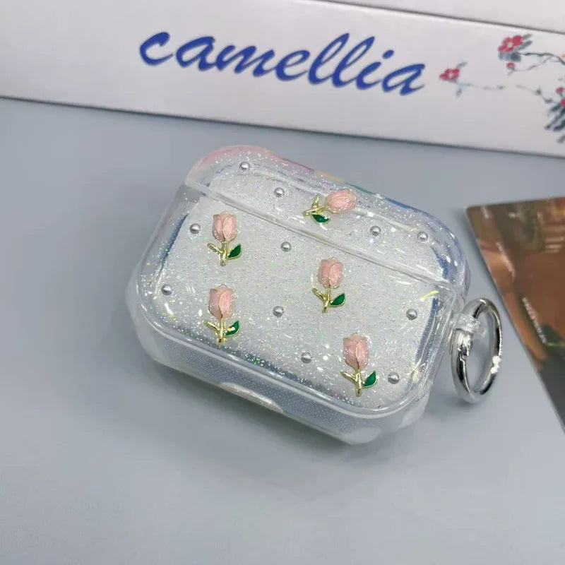 Shining tulip earphone case protective cover, cute flower transparent protective cover with keychain, shiny and soft TPU shell