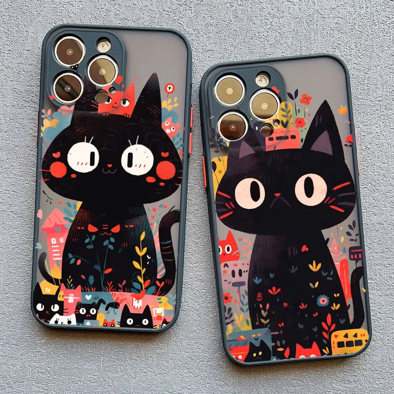 Cute Cartoon Cat Phone Case For iPhone 13 Cases 17 16 14 15 11 12 13 Pro Max Mini XS X XR 15 Plus Black Color Shockproof Covers