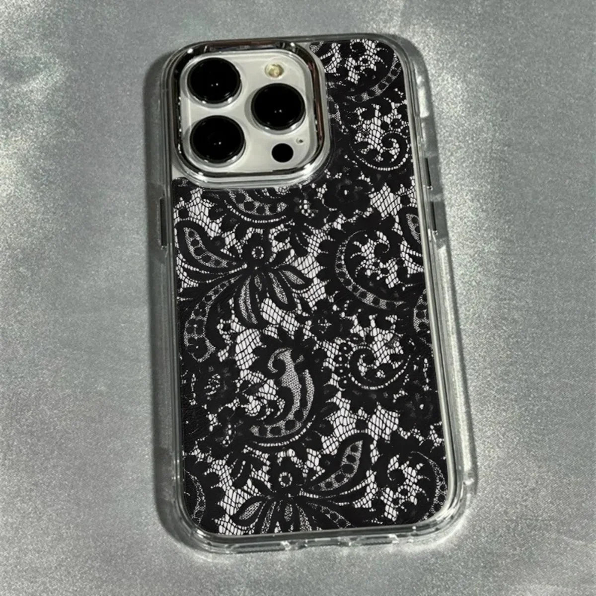 1Pc Stylish Black Lace Pattern Transparent Electroplated Frame Phone Case, Suitable for iPhone 17/16 Pro Max/15/14 Plus/13/12/11, Shock-Absorbing, Anti-Slip, Lightweight, Fashionable and Trendy Design, Unisex.