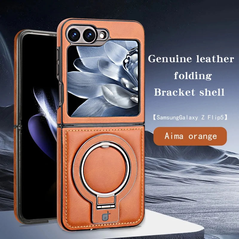 Samsung Galaxy Z Flip 6 5 4 3 Magnetic Flip Phone Case High-end Leather ZFlip 6 Ring Bracket Shockproof Wireless Charge Funda