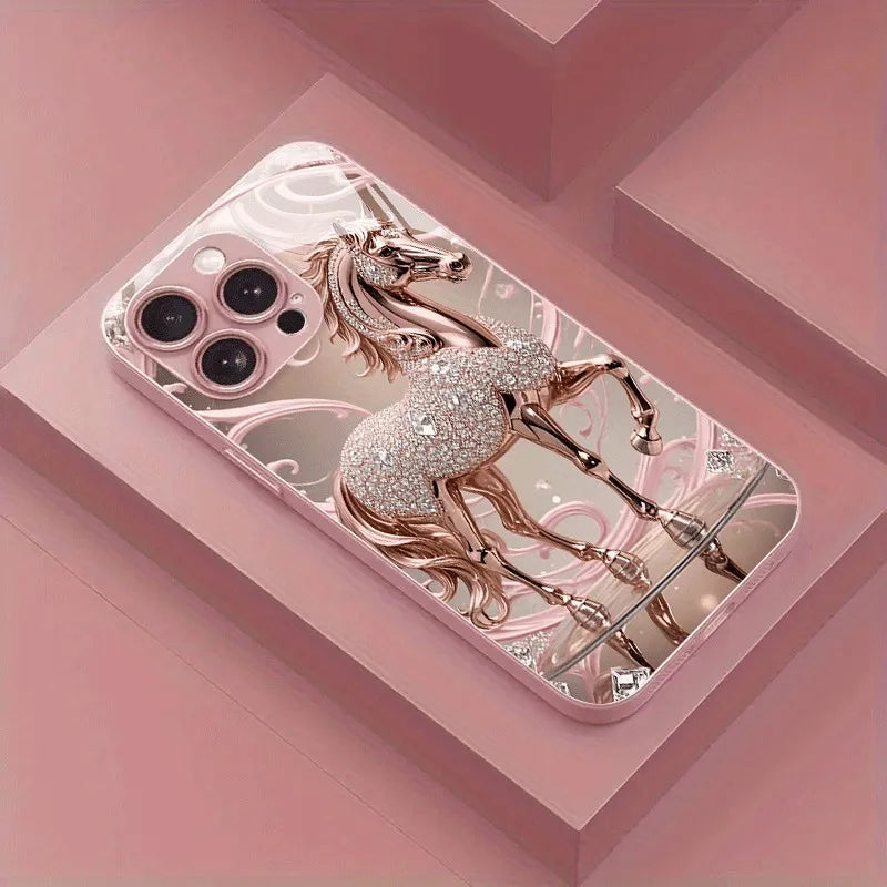 Luxury Diamond Horse Pattern Pink Metallic Glass Phone Case For iPhone 17 16 15 14 13 12 11 Pro Max 15 14 Plus 17 Air 16E Cover