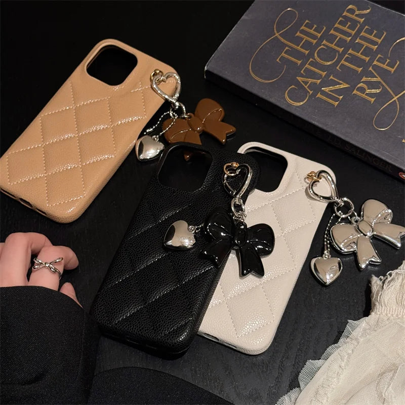 Luxury Argyle Pattern Phone Case For iPhone 16 Pro 14 13 15 Pro Max Cases with Cute Bowknot Pendant Leather Back Cover 15Pro max