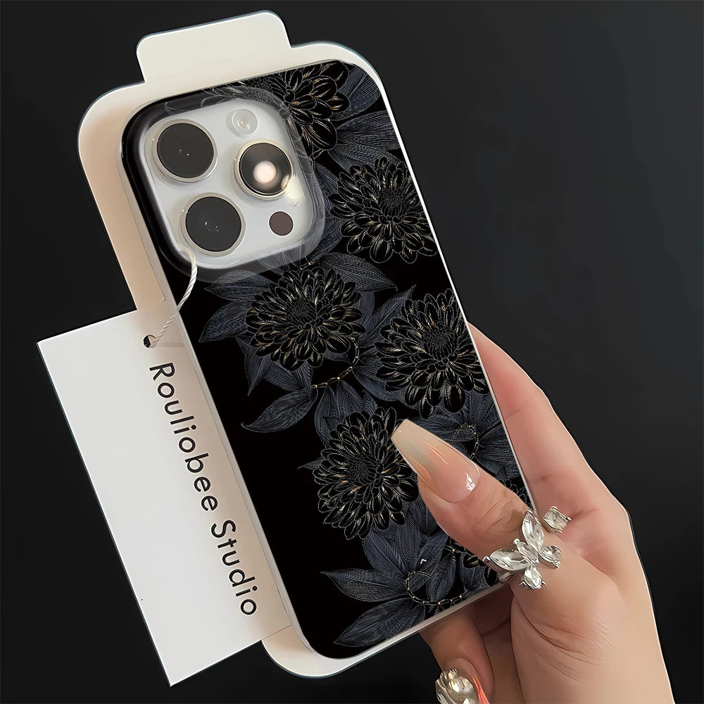 Black Flower Matte Hard Phone Case For iPhone 16 15 14 13 12 11 Pro Max SE 2020 Transparent Back Cases Cover