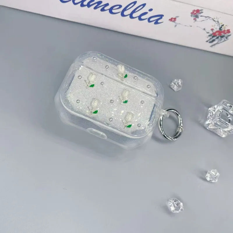 Shining tulip earphone case protective cover, cute flower transparent protective cover with keychain, shiny and soft TPU shell