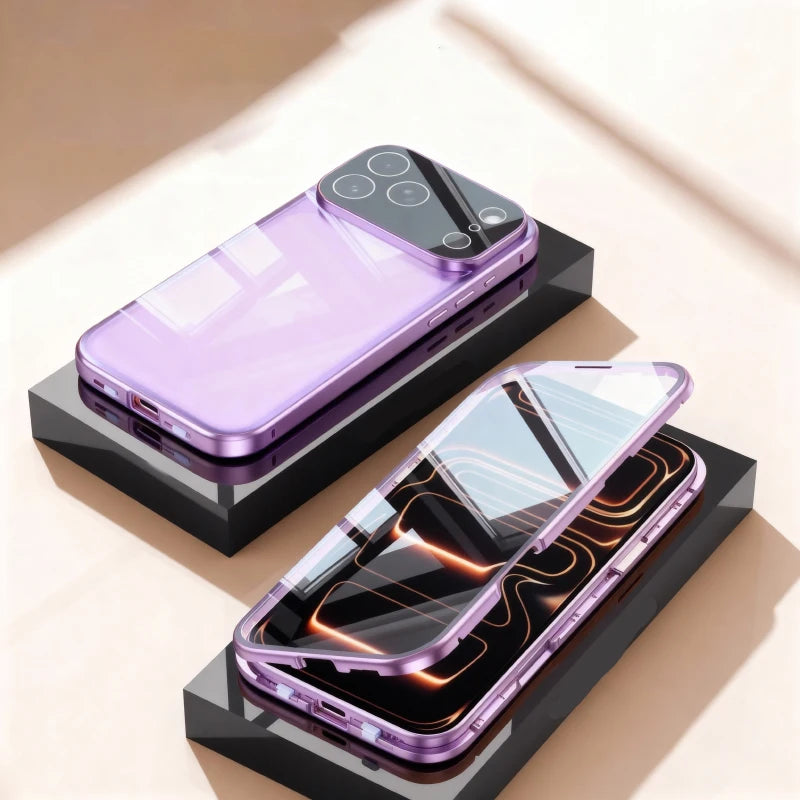 360 ° Full Protection Metal Magnetic Double-Sided Glass Snap Lock Phone Case For iPhone 17 Pro Max/17/Air/17 Pro Bumper Cover