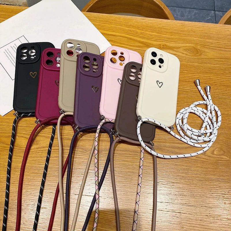 With Lanyard Love Phone Cases for IPhone 17 16 15 14 13 12 11 Pro Max Crossbody Silicone Back Cover