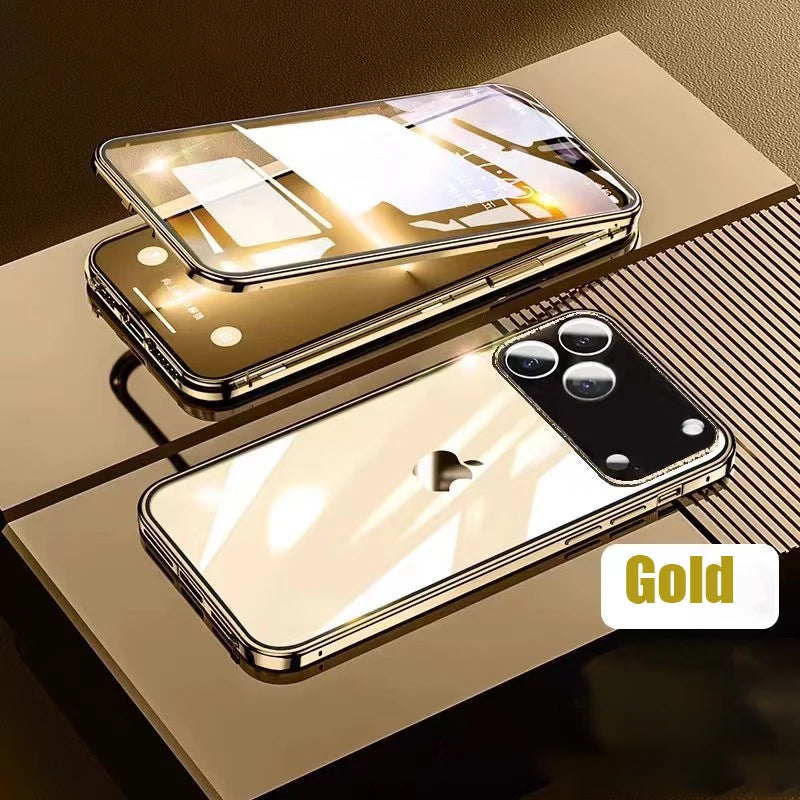 360 ° Full Protection Metal Magnetic Double-Sided Glass Snap Lock Phone Case For iPhone 17 Pro Max/17/Air/17 Pro Bumper Cover