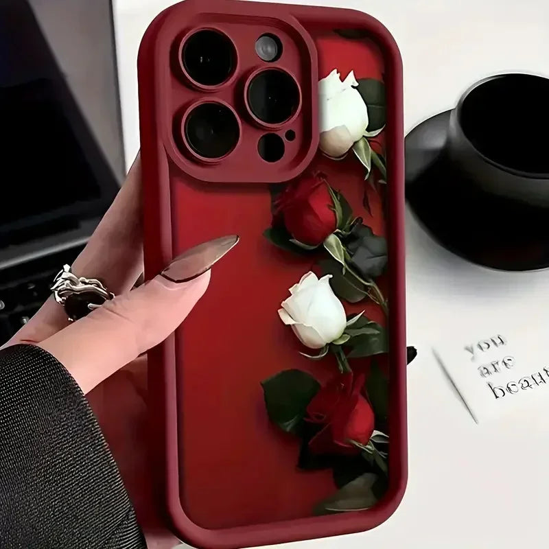 Wine Red Rose and White Rose Phone Cases For iPhone 16 15 Pro Max Cases iPhone 11 12 13 14 Pro XR X XS 7 8 Plus Anti-fall Covers
