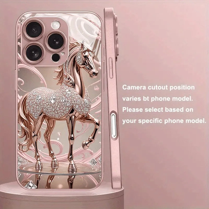 Luxury Diamond Horse Pattern Pink Metallic Glass Phone Case For iPhone 17 16 15 14 13 12 11 Pro Max 15 14 Plus 17 Air 16E Cover