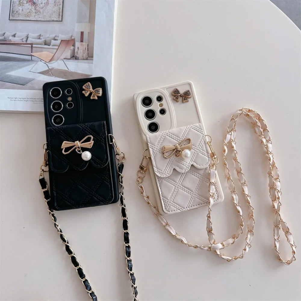 3D Bowknot Crossbody Card Holder Wallet Phone Case For Samsung Galaxy S25 Ultra S24 S23 S21 S20 FE S22+ Plus Note 20 Soft Cover