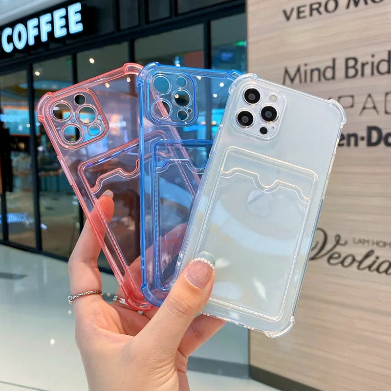 Card Bag Shockproof phone Case For iPhone 15 14 13 12 11 Pro Max XR X XS 6 7 8 Plus SE Mini Clear Color Soft Frame Hard Cases