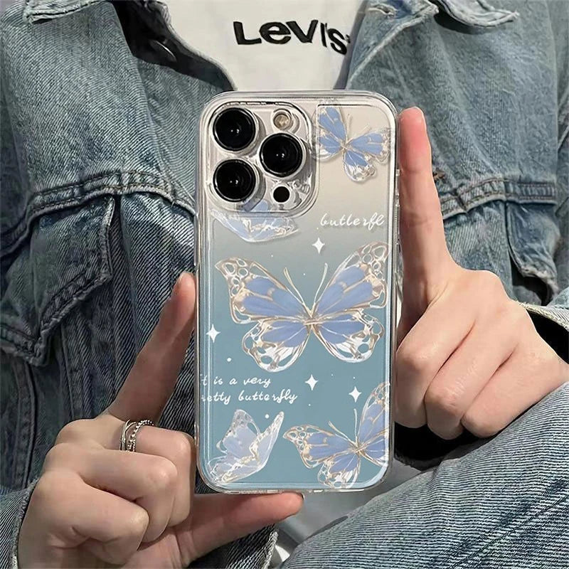 INS Blue Ice Crystal Butterfly Phone Case For iPhone 16 15 14 13 12 11 Pro Max XR XS MAX 7 8 PLUS MINI Soft TPU Shockproof Cover