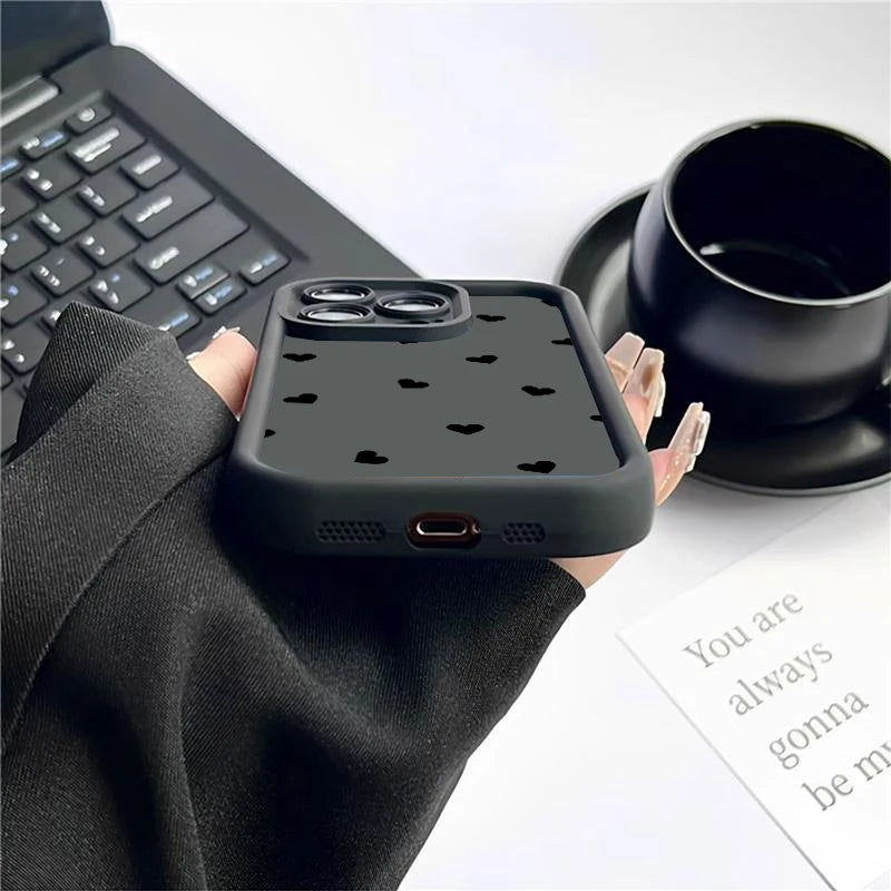 Black Love Heart Soft Matte Phone Case For iPhone 11 12 13 14 Pro 16E XS X XR 7 8 Plus SE2 Cover For iPhone 15 16 Pro Max Cases