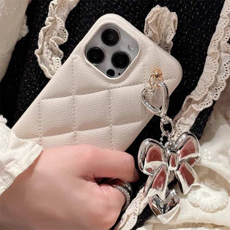 Luxury Argyle Pattern Phone Case For iPhone 16 Pro 14 13 15 Pro Max Cases with Cute Bowknot Pendant Leather Back Cover 15Pro max